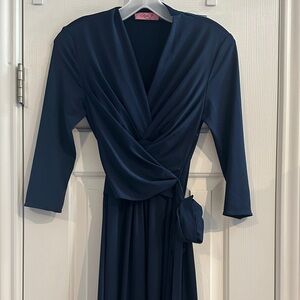 Eliza J Navy Midi Faux Wrap V Neck Dress Party Cocktail Women’s 2P Stretch